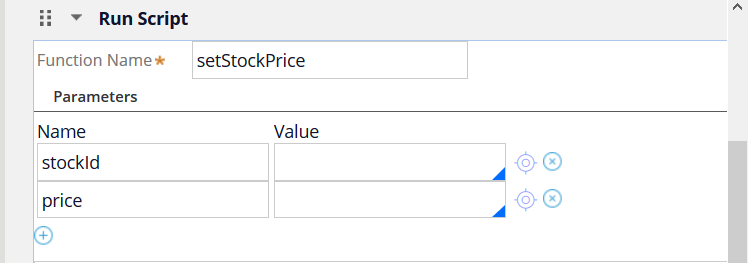 The dialog box when setstockprice is added to the Function Name field