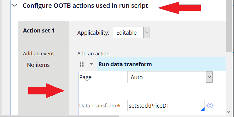 The dialog box when the Configure OOTB actions used in run Script checkbox is selected