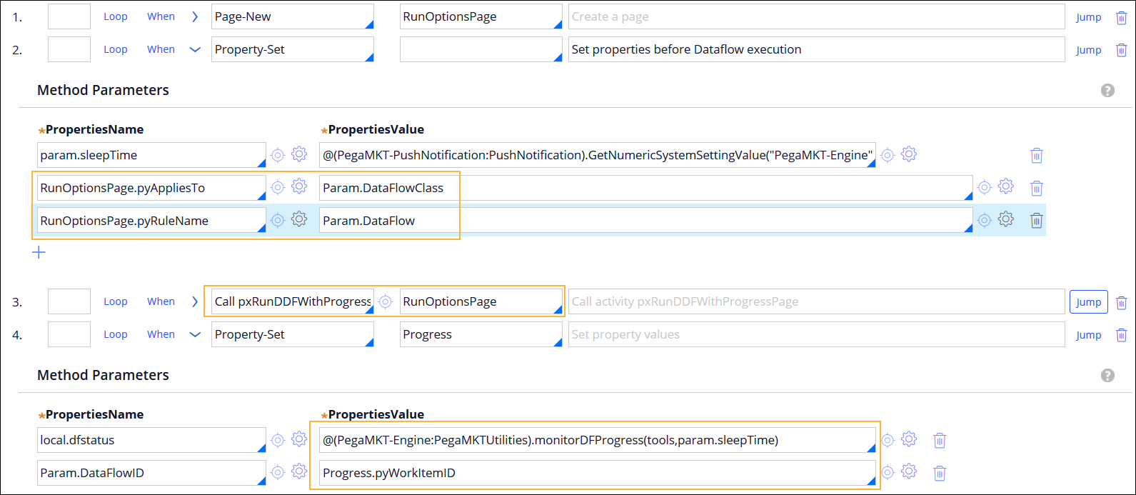 Activity configuration in Dev Studio showing steps 1 through 4