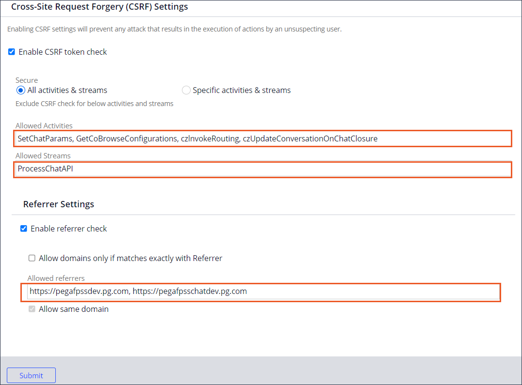 CSRF Settings displaying the allowed activities, streams, and referrer URLs