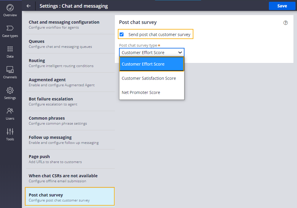 Selecting the post chat survey type in App Studio