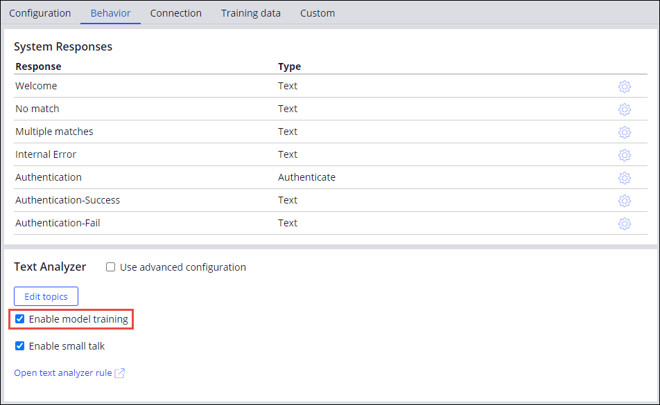 The default text analyzer configuration on the Behavior tab for an IVA channel.