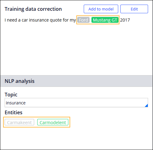 Using the training data correction window to add entities to sample training data