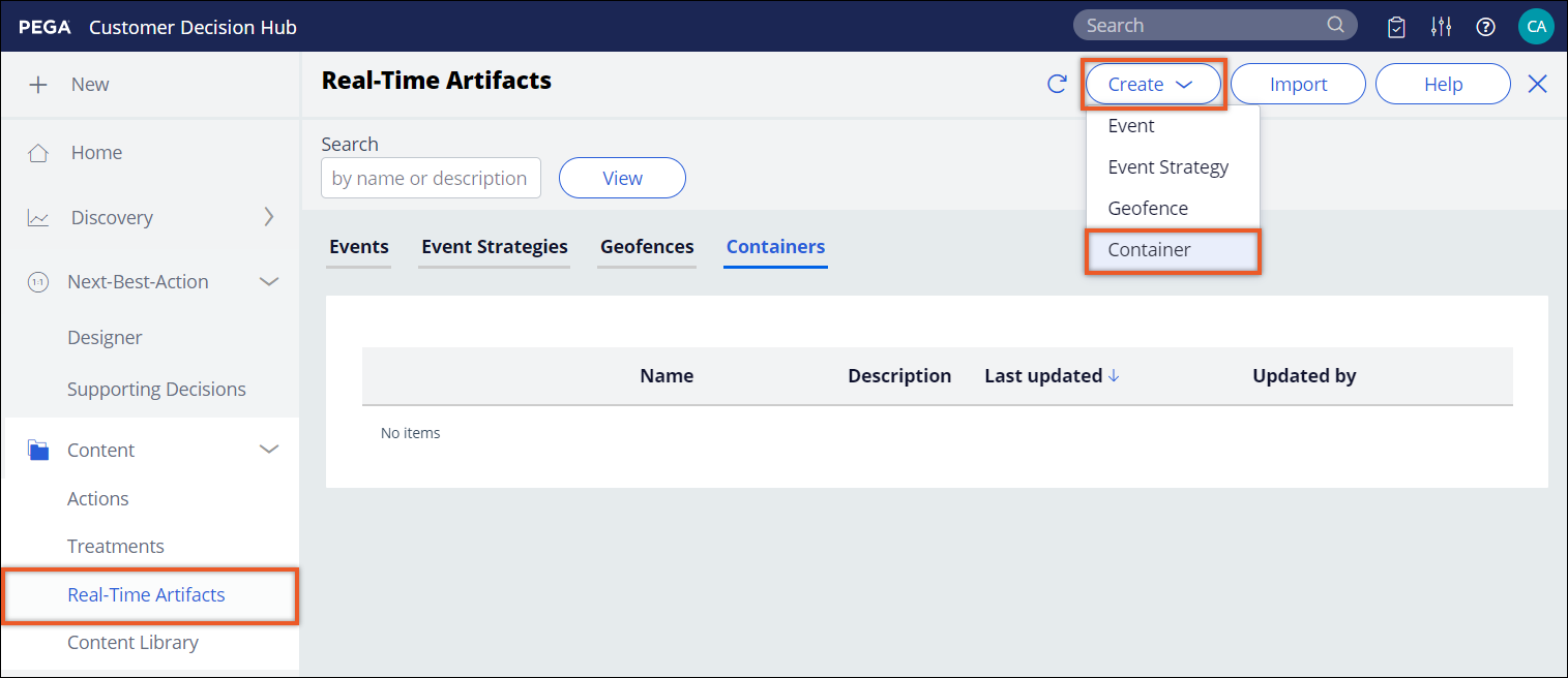 Real-time artifacts view showing the Containers landing page and the Create option with the Container selected.