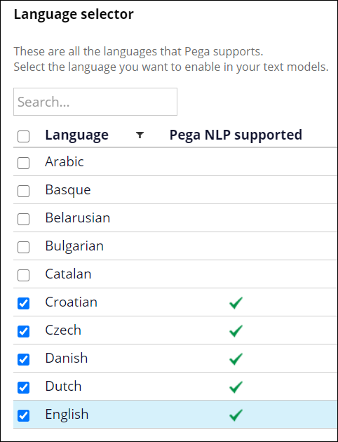 Language selector window available from Prediction Studio settings. Check marks indicate the Pega NLP supported languages.