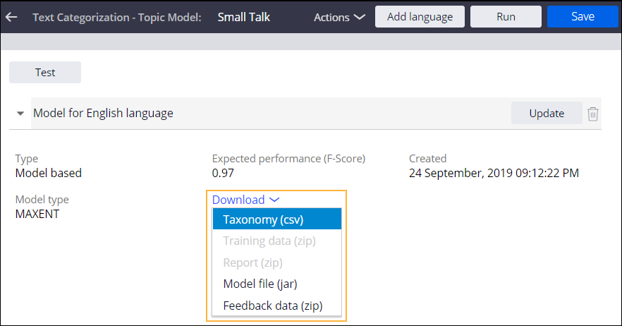 A sample small talk text model in Prediction Studio. The Download menu is expanded showing the available file types.
