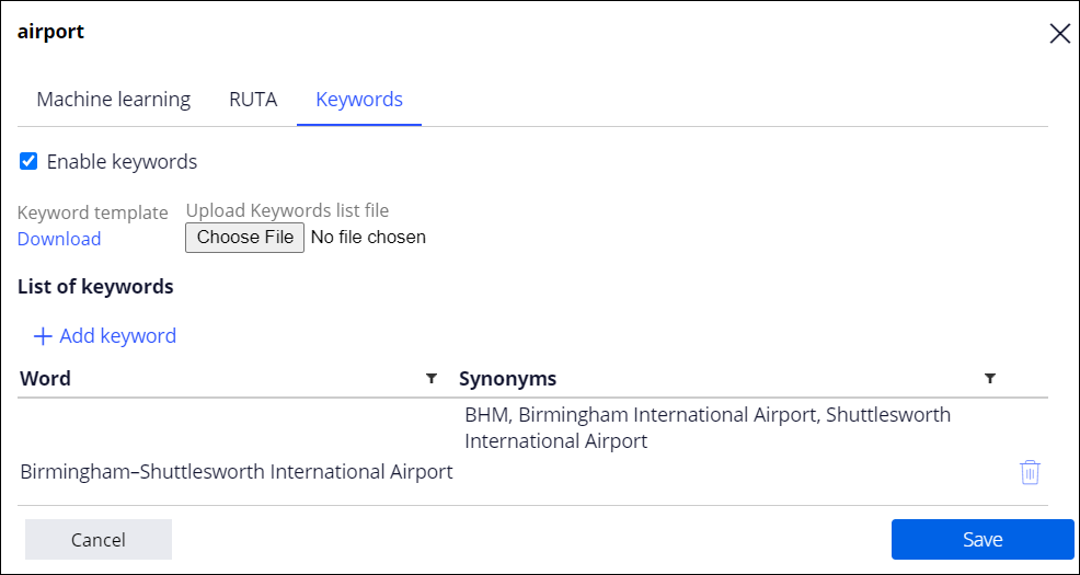 A keyword for Birmingham Shuttlesworth International Airport includes the synonym BHM