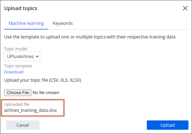 A file called airlines training data is selected in the upload topics window