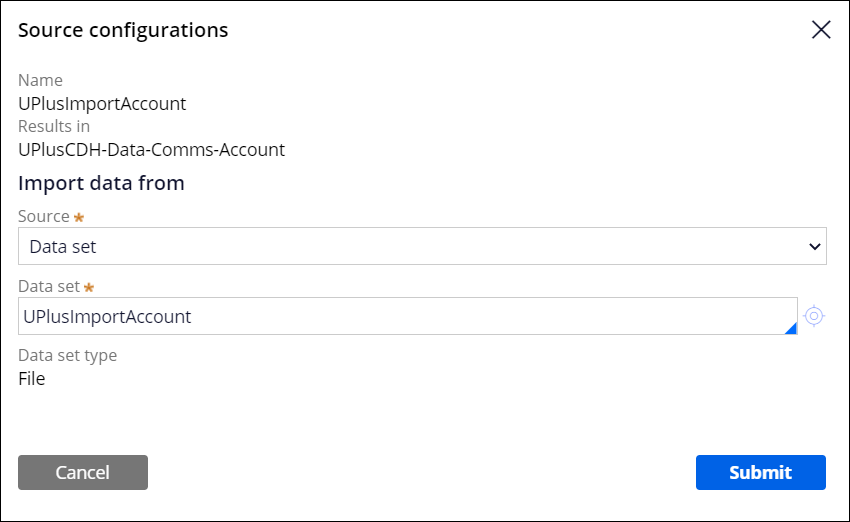 The U Plus Import Account data set is selected as the source for the data flow.