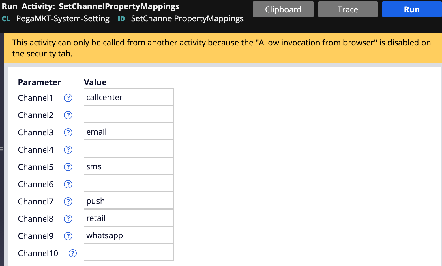 Running the SetChannelPropertyMappings activity