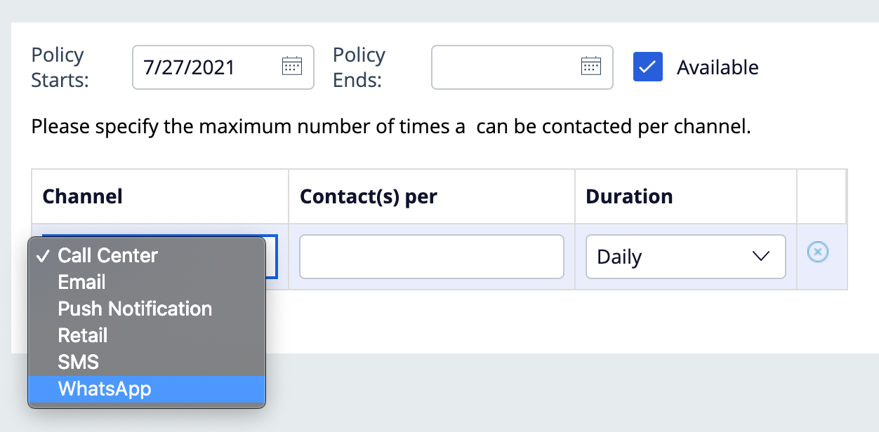 New WhatsApp channel in the contact policy definition