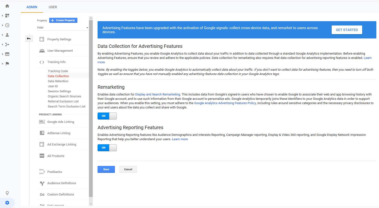 Data Collection page in Google Analytics