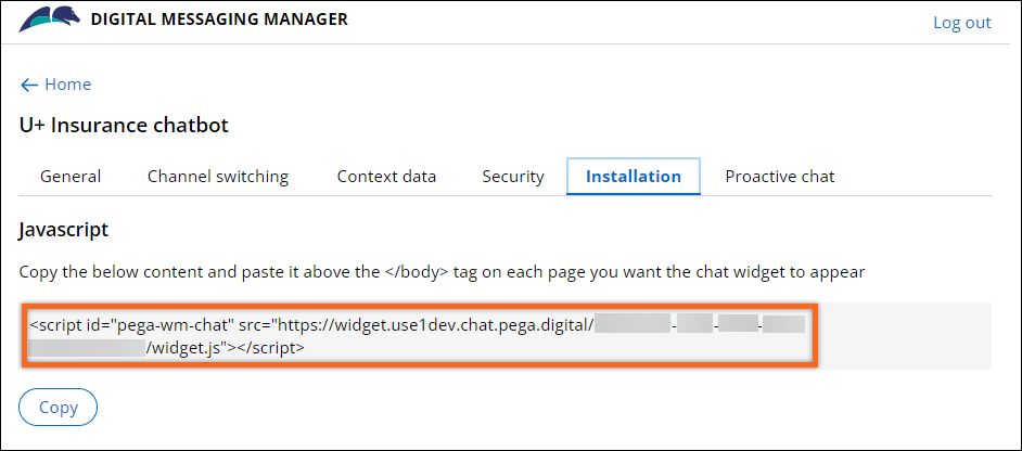 The Installation tab in Digital Messaging Manager where you can copy the JavaScript function.