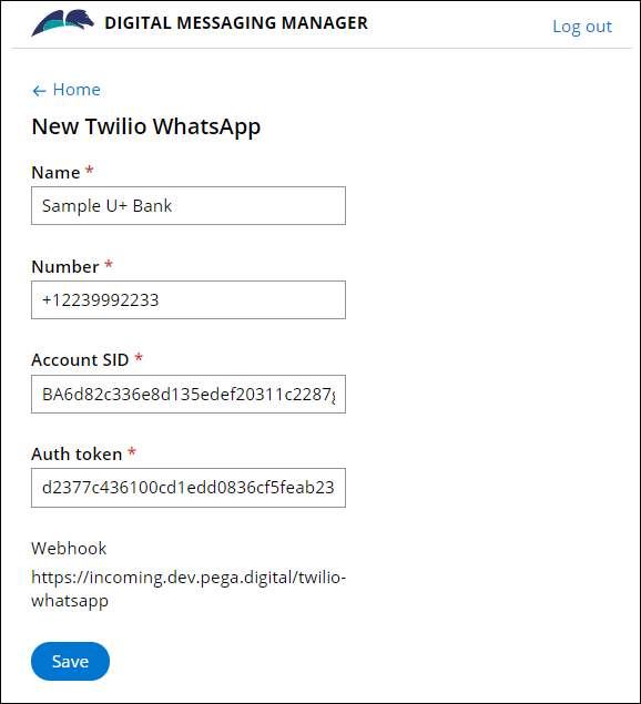 The configuration settings on the Digital Messaging Manager page for WhatsApp.