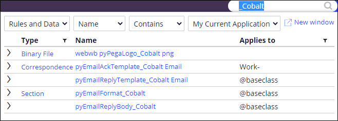 The search results for the default Cobalt outbound template rules.