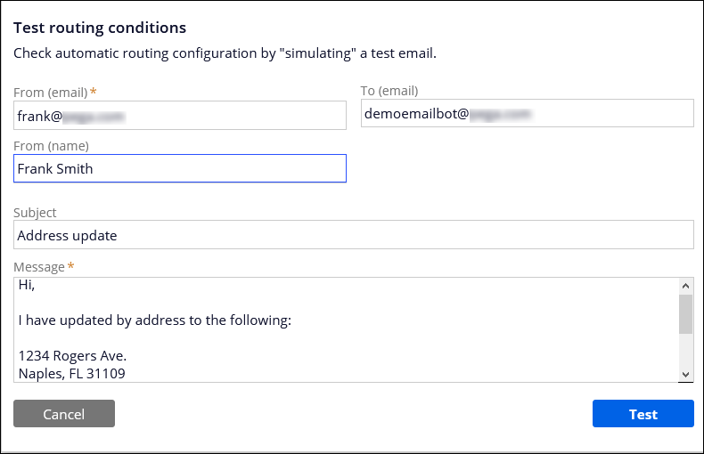 The testing routing conditions window for the email bot
