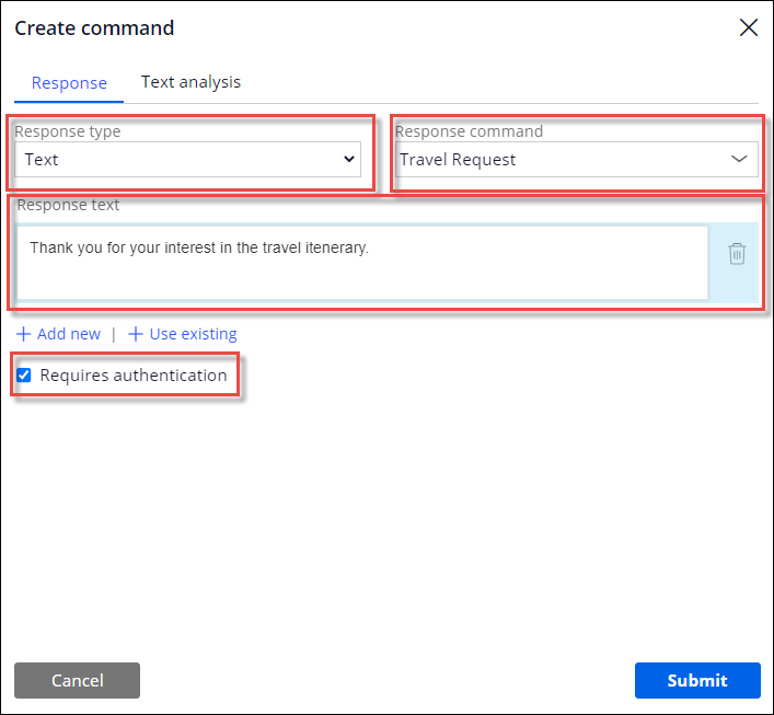 The Create command window that defines a response command and requires authentication for an IVA.
