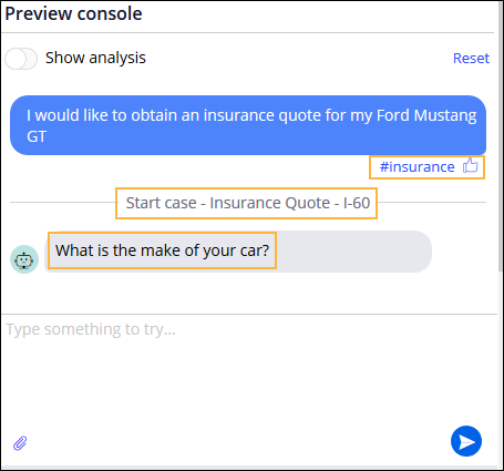 Sample request for a car insurance quote showing the detected topic and Like icon
