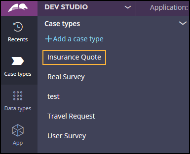 The insurance quote menu option in the case type explorer.