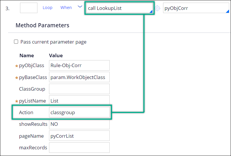 Parameters in the ListOfValidCorrs activity for application context.