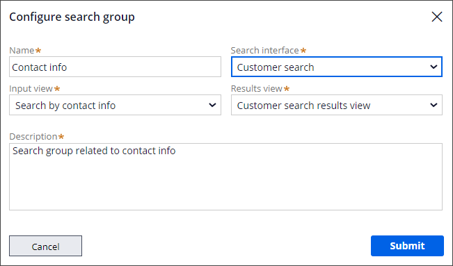 Shows the fields that you must enter to configure a search group