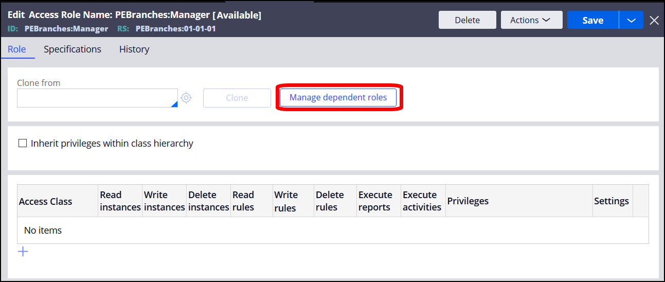 The Manage dependent roles button in the Access Role Name