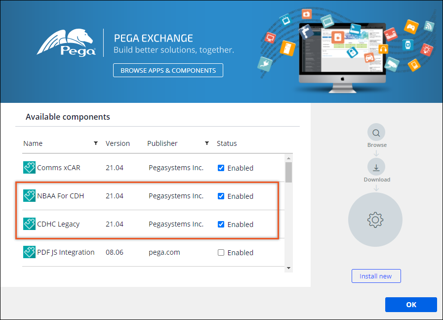 Pega Exchange window with the new components added and enabled.
