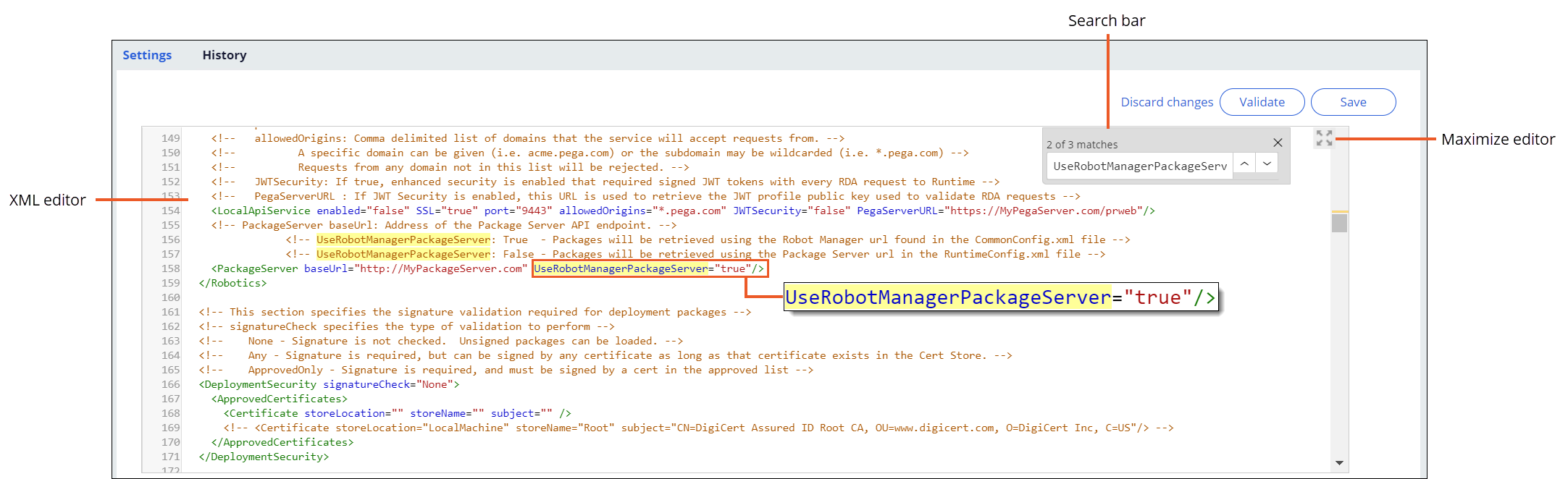 Use the XML-aware editor to modify Pega Robot Runtime settings, as
                                needed.