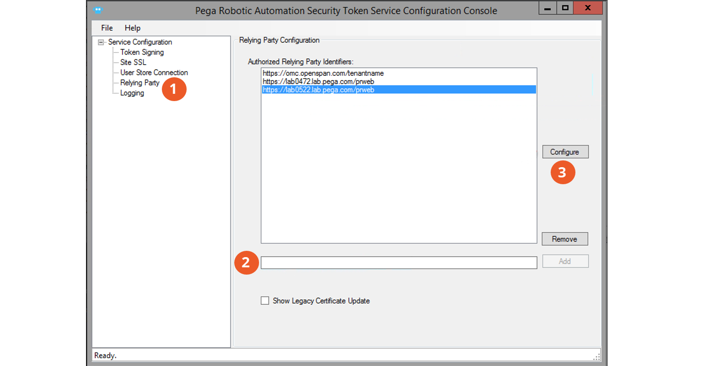 You must add a relying party in Pega STS and configure it with the
                                Client Secret and Client ID attributes.