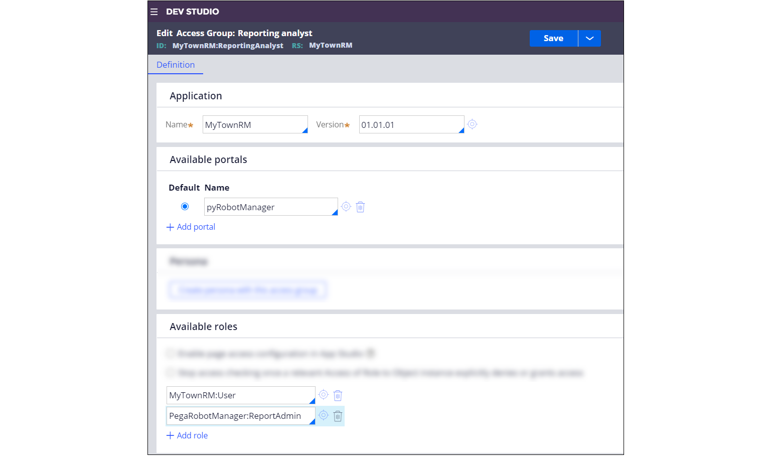 Adjusting the access group settings to provide users with access to
                                the Pega Robot Manager portal together with the appropriate access
                                privileges