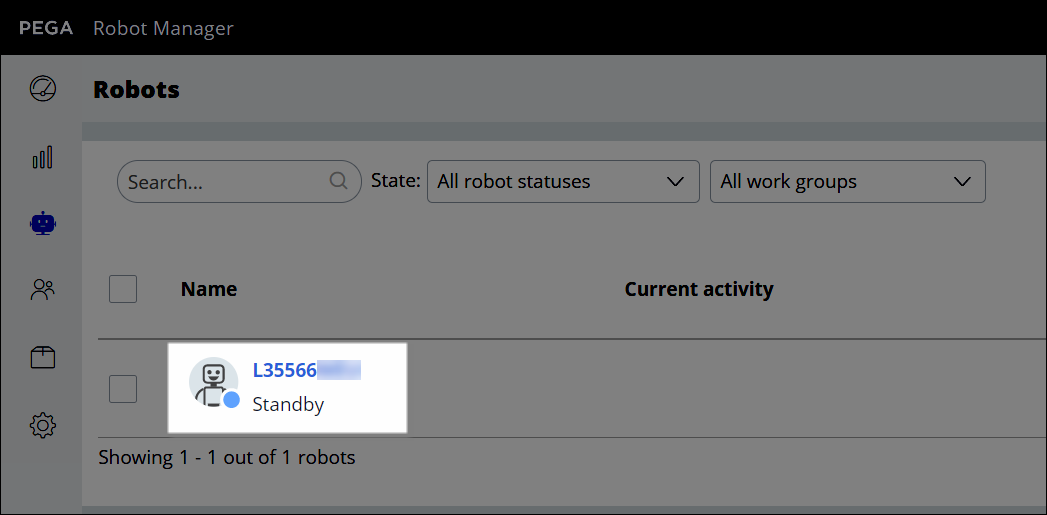 A robot that successfully connected to Robot Manager appears on the Robots
                        landing page with the Standby status.
