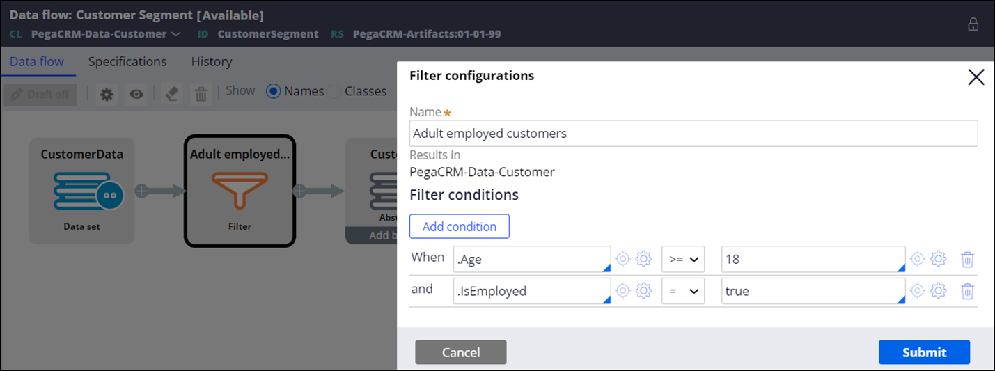 Example filter configuration for filtering incoming data