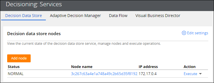 The Decision Data Store tab shows a node with the normal status.