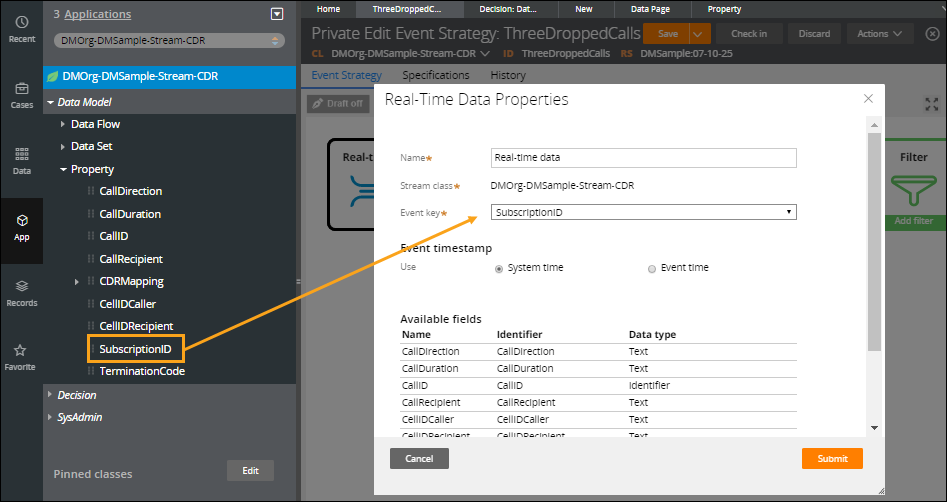 The Subscription ID property is referenced as the event key in an event strategy.