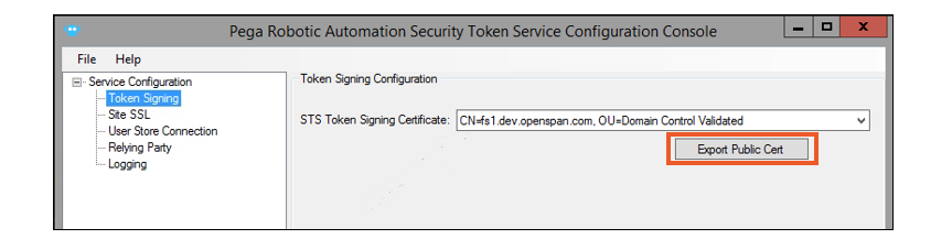 You must export the token signing certificate for authenticating Pega Robot Manager users.