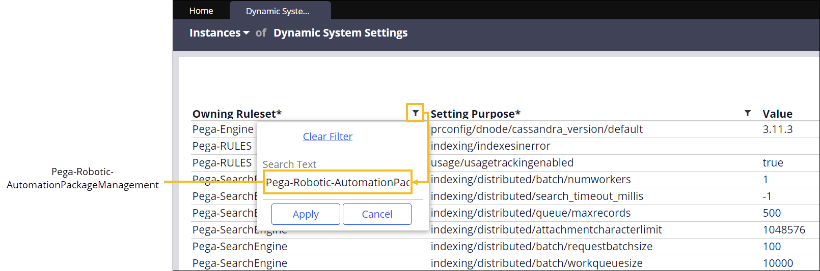Filtering the dynamic system settings by using the Pega Robotic Automation Package Management owning ruleset.