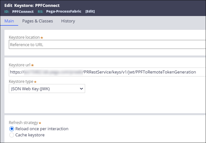 The keystore rule form that is configured to communicate with the Pega Process Fabric Hub.