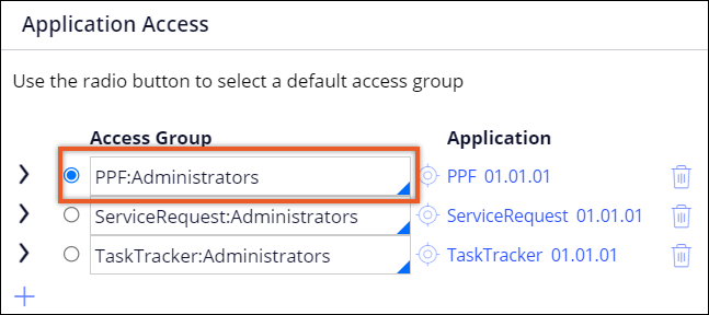 An operator rule form with the PPF:Administrators set as the default access group