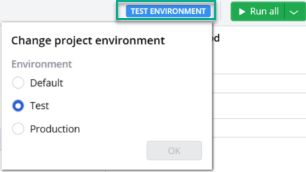 Figure showing the Change project environment dialog box options.