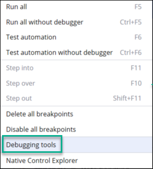 Figure showing the Debug menu with Debugging tools highlighted.