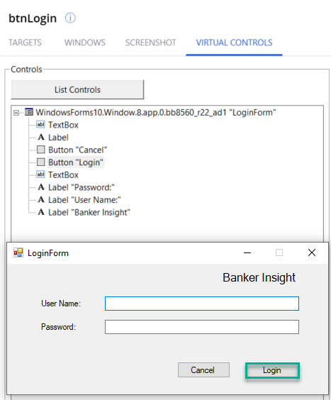 Figure showing the Login button selected from the Virtual Controls
                                list and highlighted in the application.