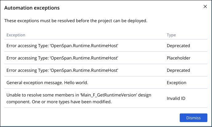 Dialog showing a list of automation exceptions
                                            preventing deployment.