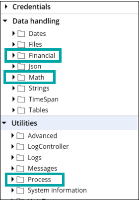 Toolbox showing locations for financial, math, and
                                            process methods.