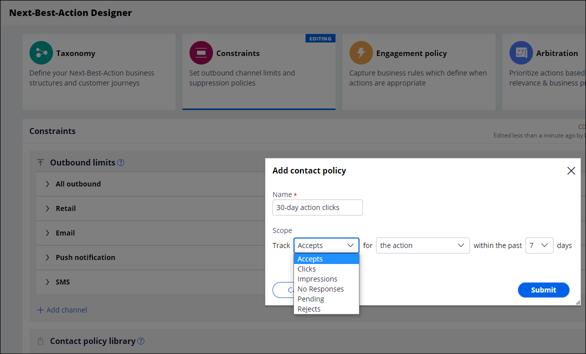 Adding contact policy in Next-Best-Action Designer