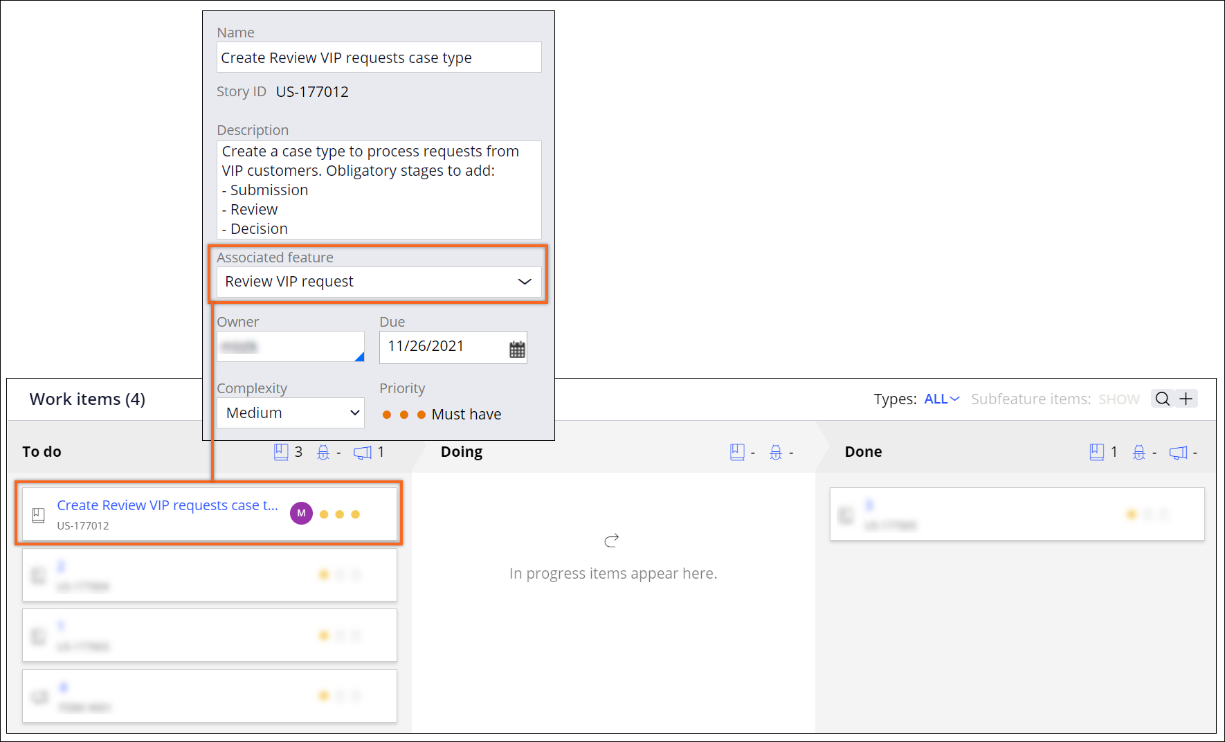 User story configuration and view in the feature work items.
