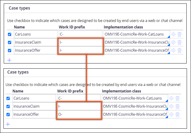 Section of an application definition that defines case prefixes at run time, with default and changed values