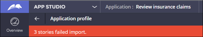 Application profile with a message about fail stories import.