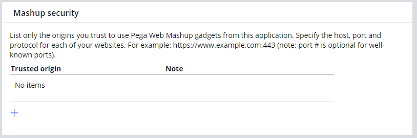 The mashup security section of the Security tab of the Application definition