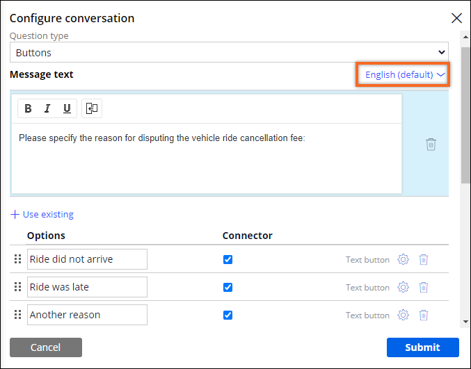 The Configure conversation window where you can configure the properties for the Ask a question smart shape.