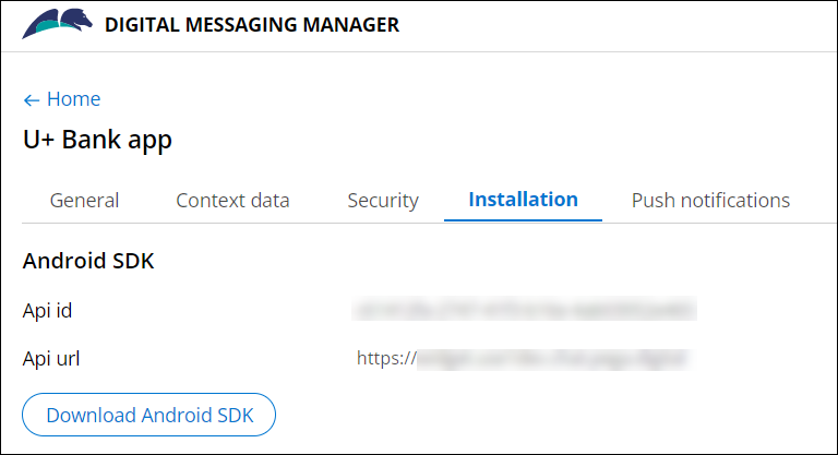 The configuration settings for an Android app messaging connection on the Installation tab.